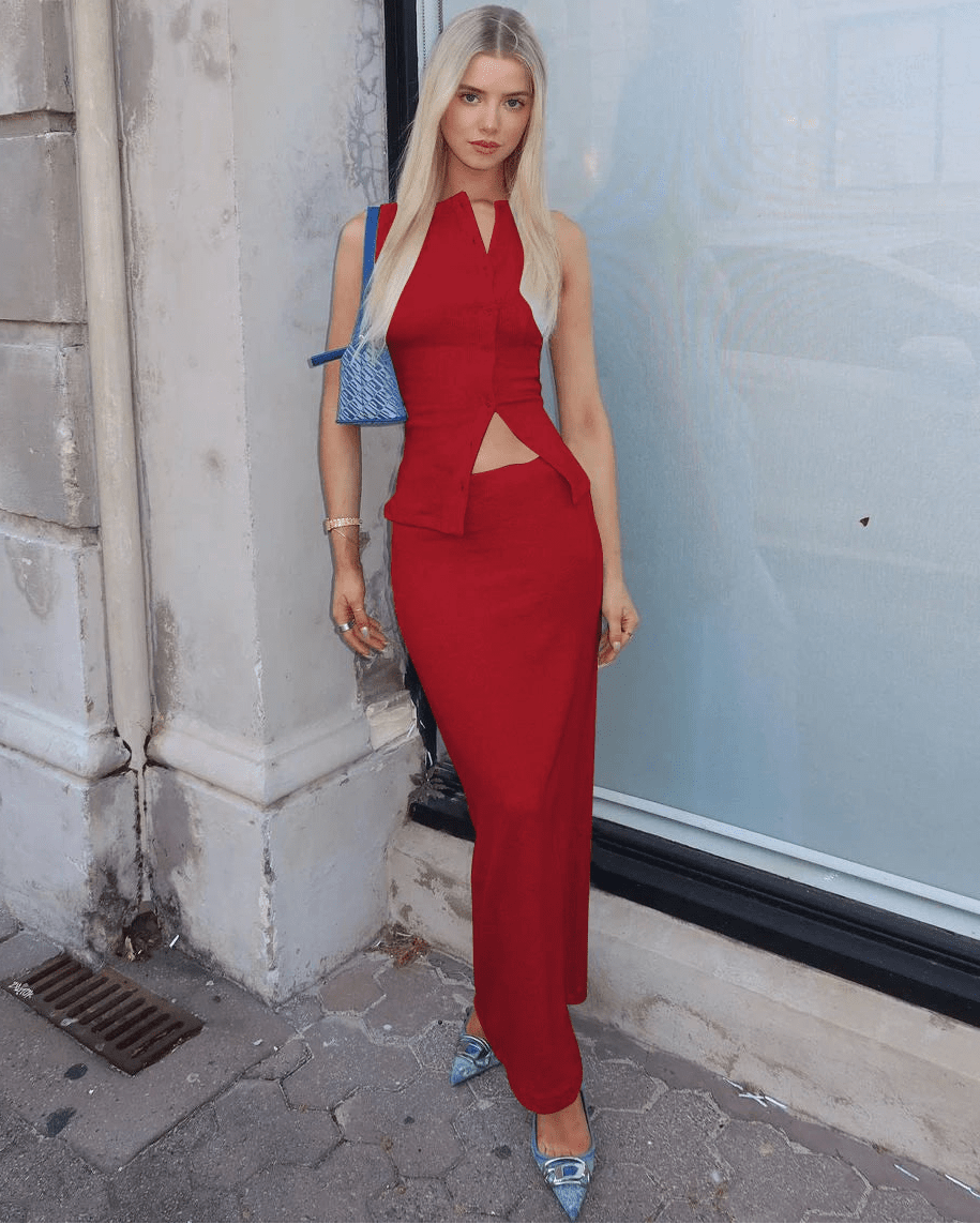 Jenny Ribbed Single-Breasted Top & Maxi Skirt Set - Women's Coordinated Two-Piece Outfit - Image 11
