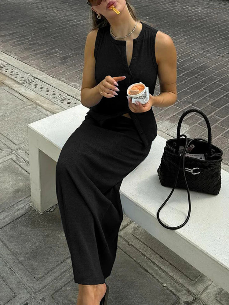 Jenny Ribbed Single-Breasted Top & Maxi Skirt Set - Women's Coordinated Two-Piece Outfit - Image 5