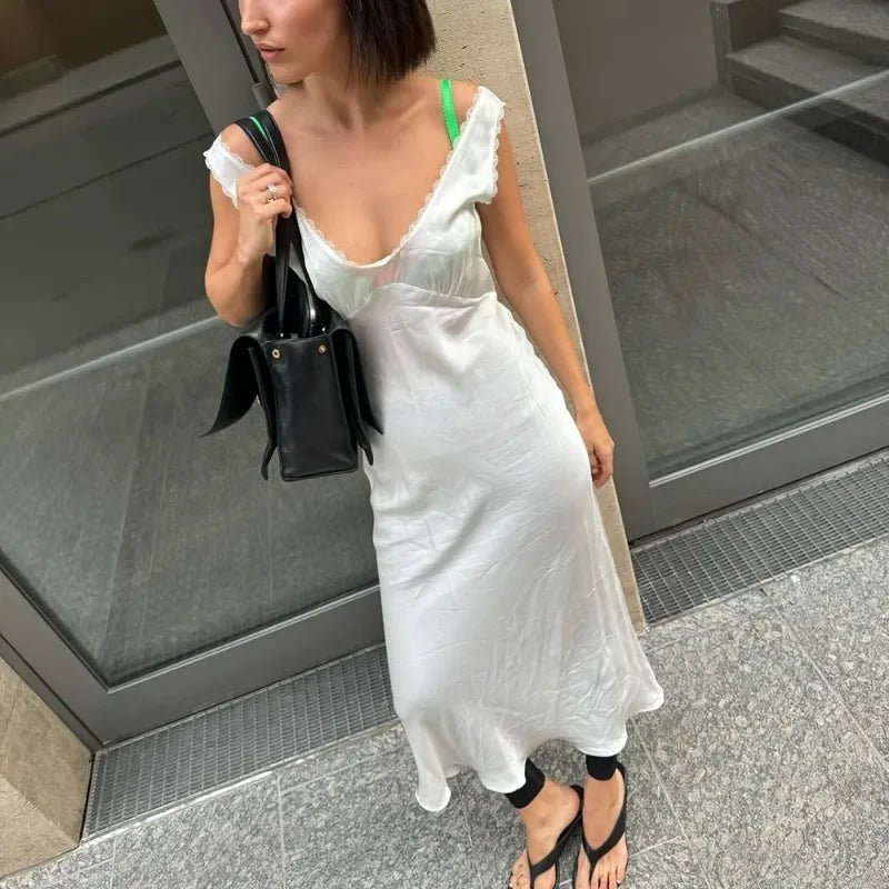 Bellina Plunged Neck Satin Midi Dress - Elegant Occasion Dress for Women - Image 5