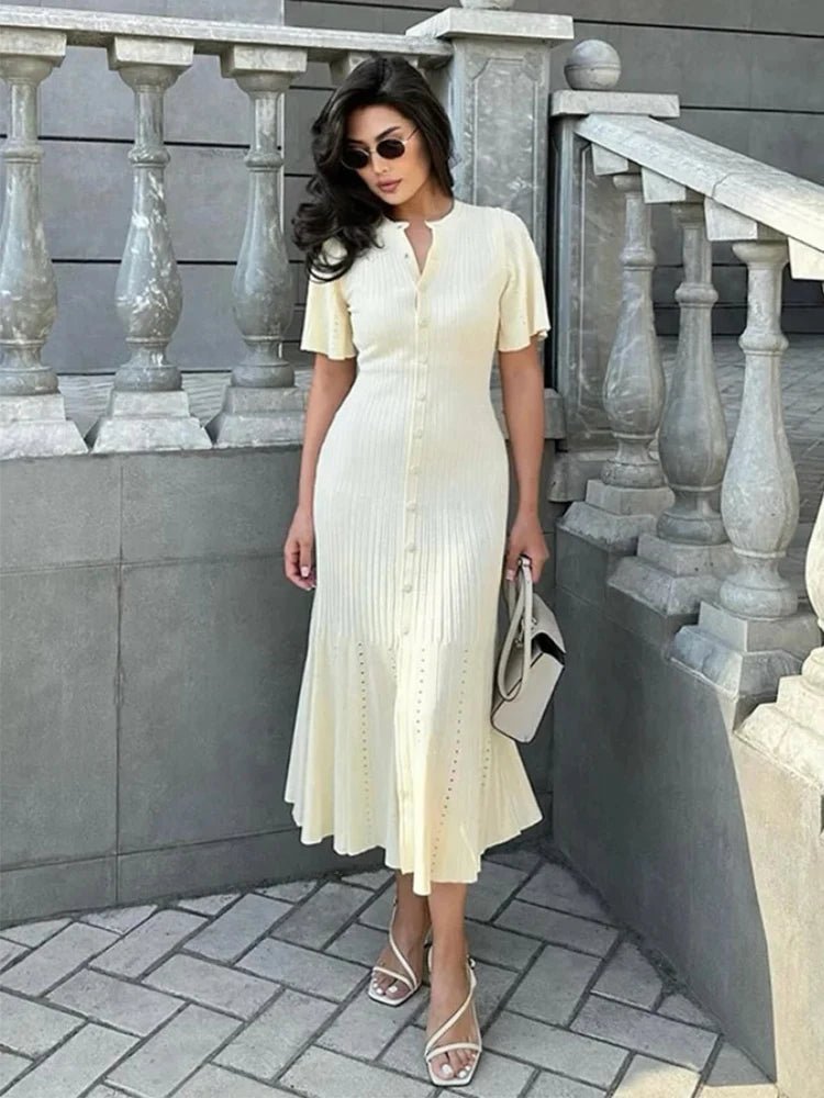 Bianca Bell Sleeve Pleated Knit Midi Dress for Women - Slim Fit