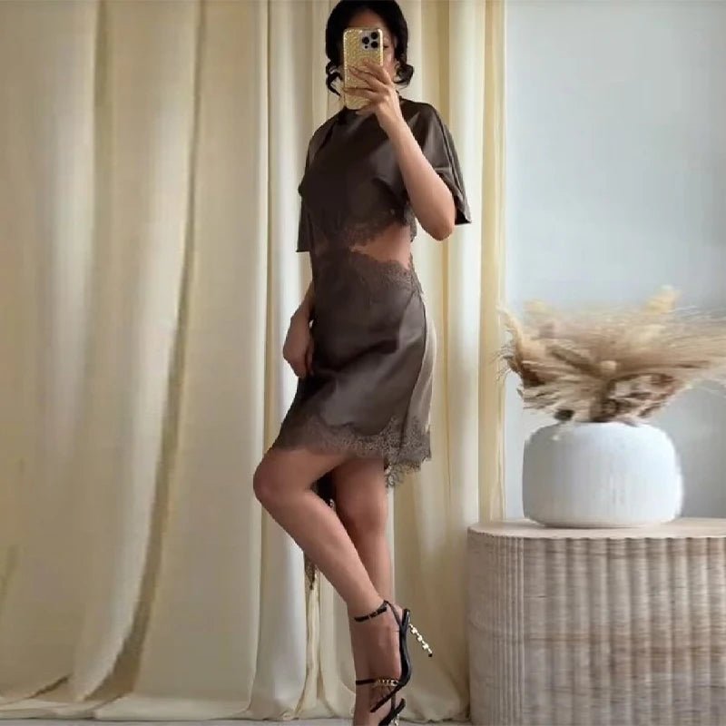Bianca Halter Cut Out Satin Mini Dress with Lace Trim - Image 9