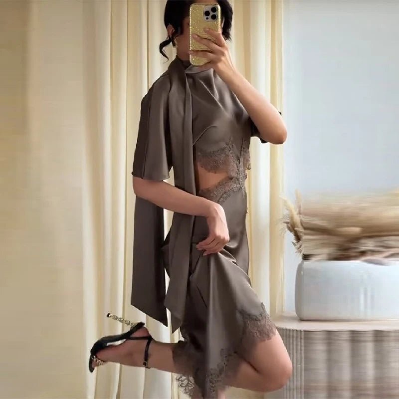 Bianca Halter Cut Out Satin Mini Dress with Lace Trim - Image 11