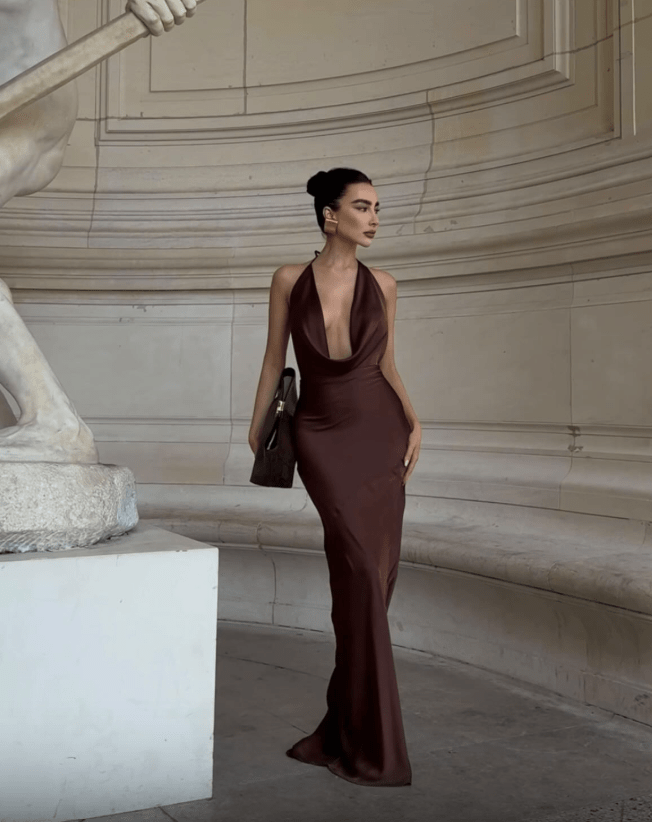 Naomi Brown Halter Backless Maxi Dress - Elegant Occasion Dress for Women - Image 3