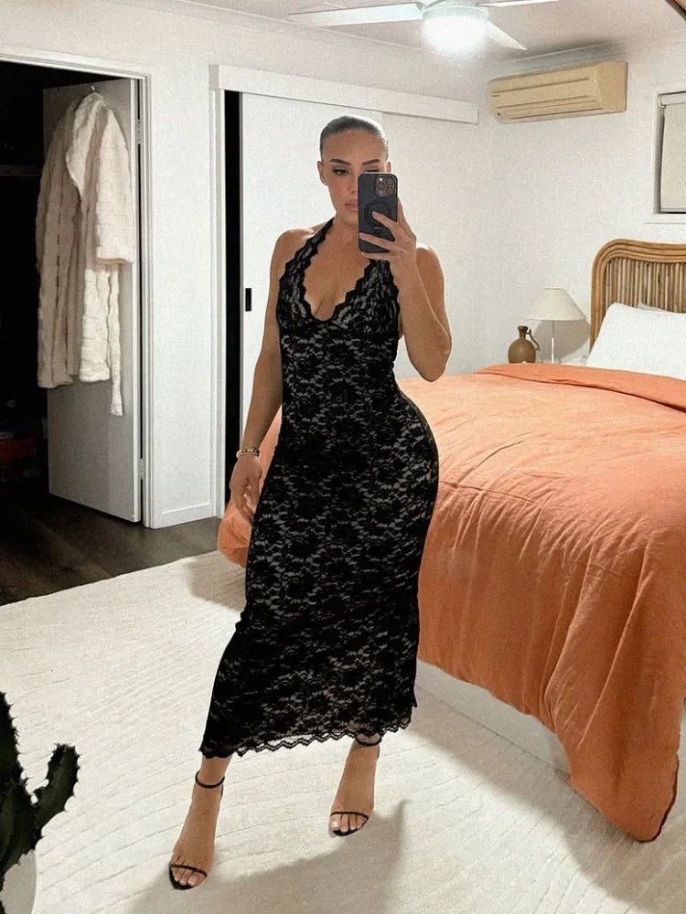 Cassia Halter Neck Lace Maxi Dress - Elegant Occasion Dress for Women - Image 6