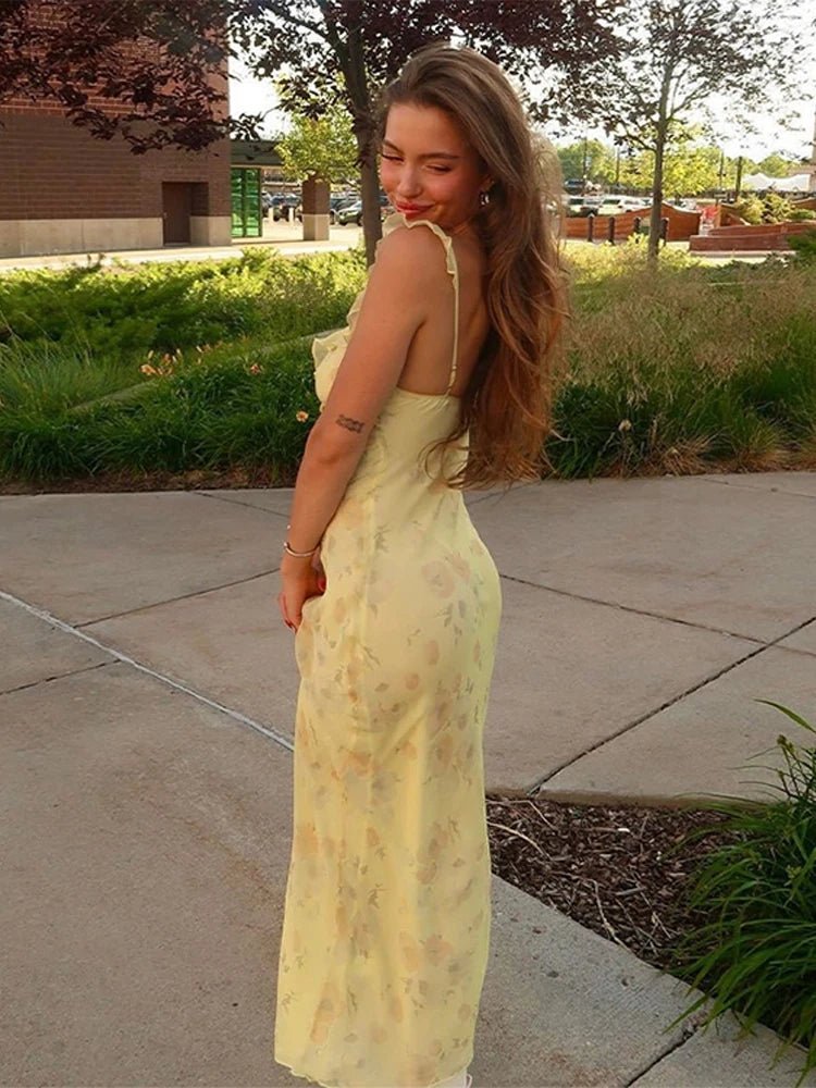 Clementine Yellow Backless Floral Maxi Dress - Ruffled Wedding Guest Gown - Image 5