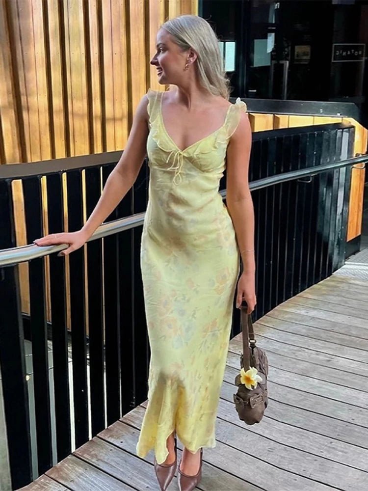 Clementine Yellow Backless Floral Maxi Dress - Ruffled Wedding Guest Gown - Image 3