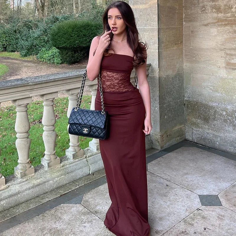 Georgette Lace Mesh Waist Maxi Dress - Elegant Occasion Dress for Women
