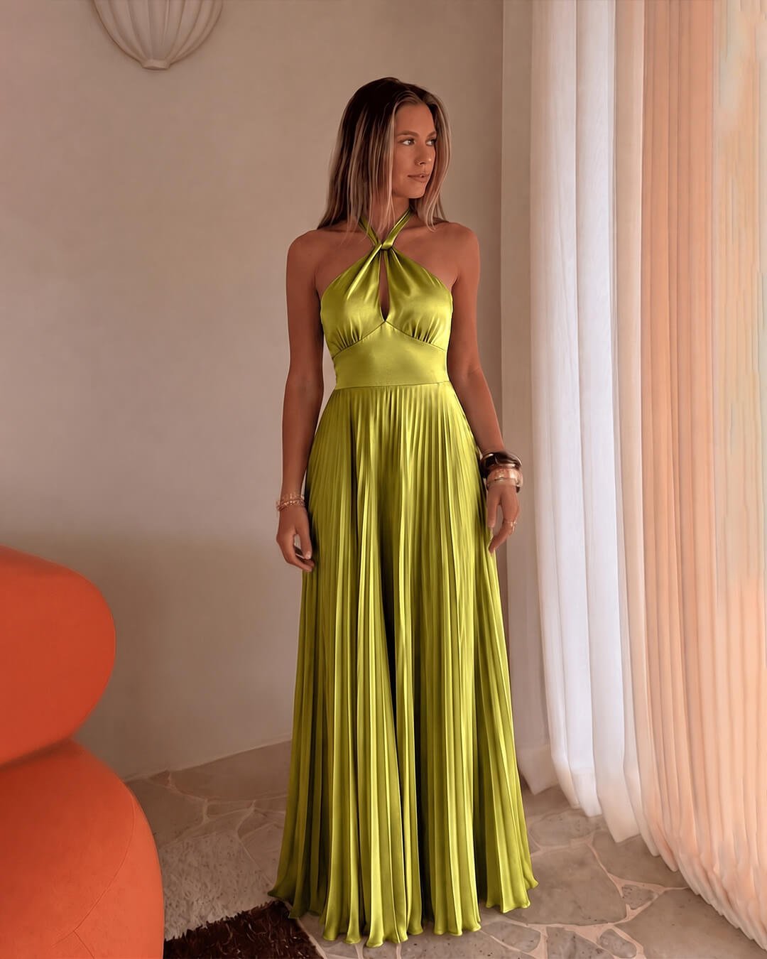 Georgia Halter Pleated Maxi Dress for Women - Flowy Summer Dress