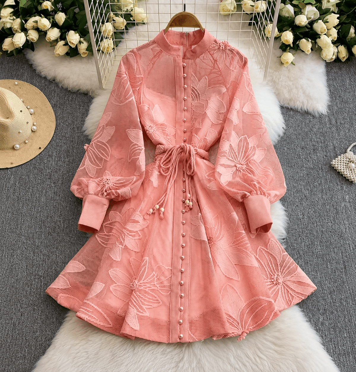 Beatrice Embroidered Lace Belted Dress - Elegant Occasion Dress for Women - Image 5