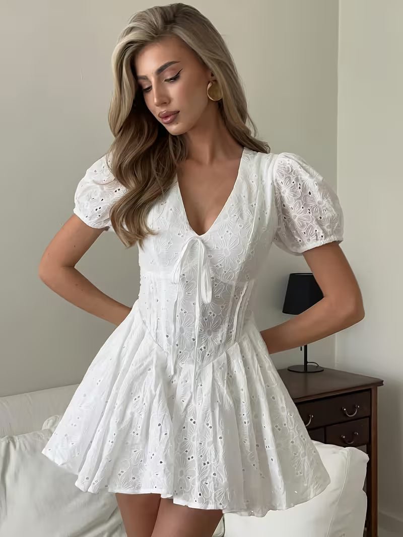 Jane Puff Sleeve Embroidered Mini Dress - Elegant Occasion Dress for Women - Image 4