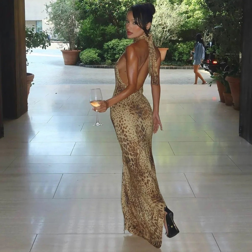 Janice Backless Leopard Print Halter Maxi Dress - Image 5