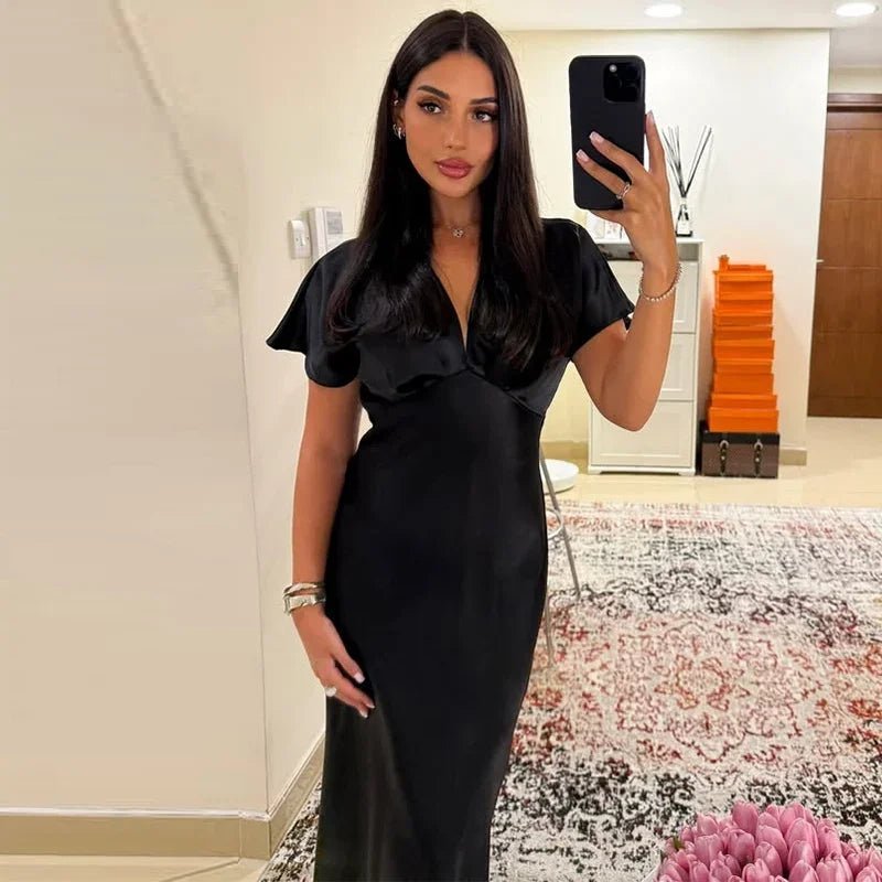 Janna V Neck Satin Midi Dress for Women - Elegant Wedding Guest Dress - Image 9