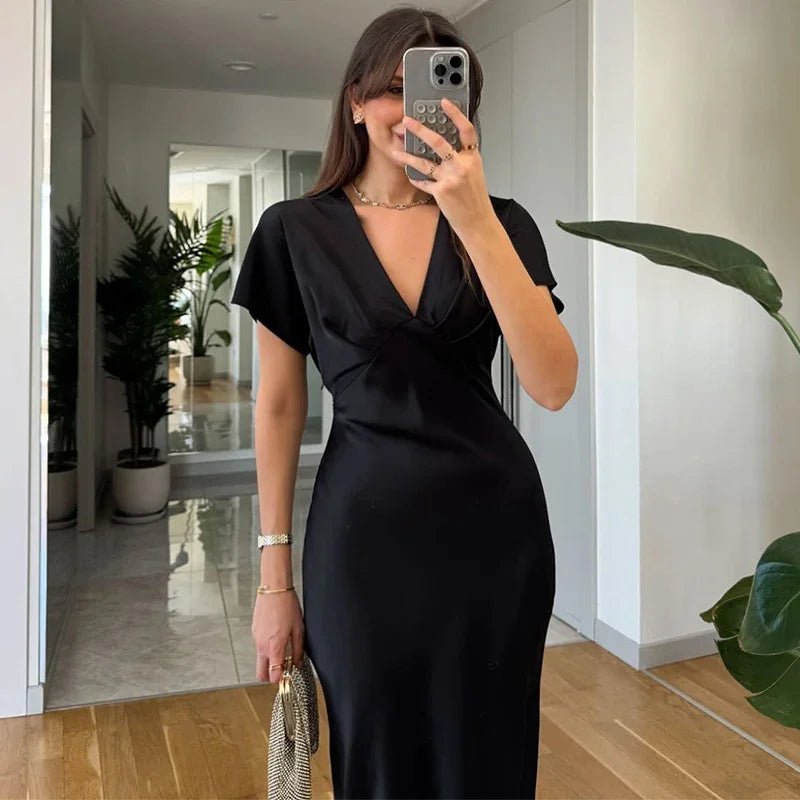 Janna V Neck Satin Midi Dress for Women - Elegant Wedding Guest Dress - Image 8