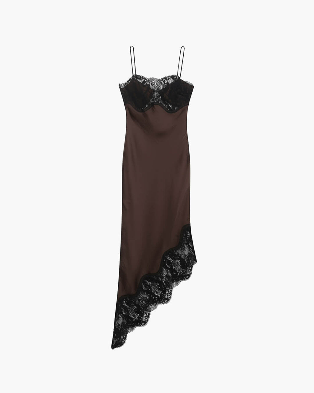 Jenica Lace Satin Slip Dress - Sleeveless Lace Patchwork Asymmetrical Hem