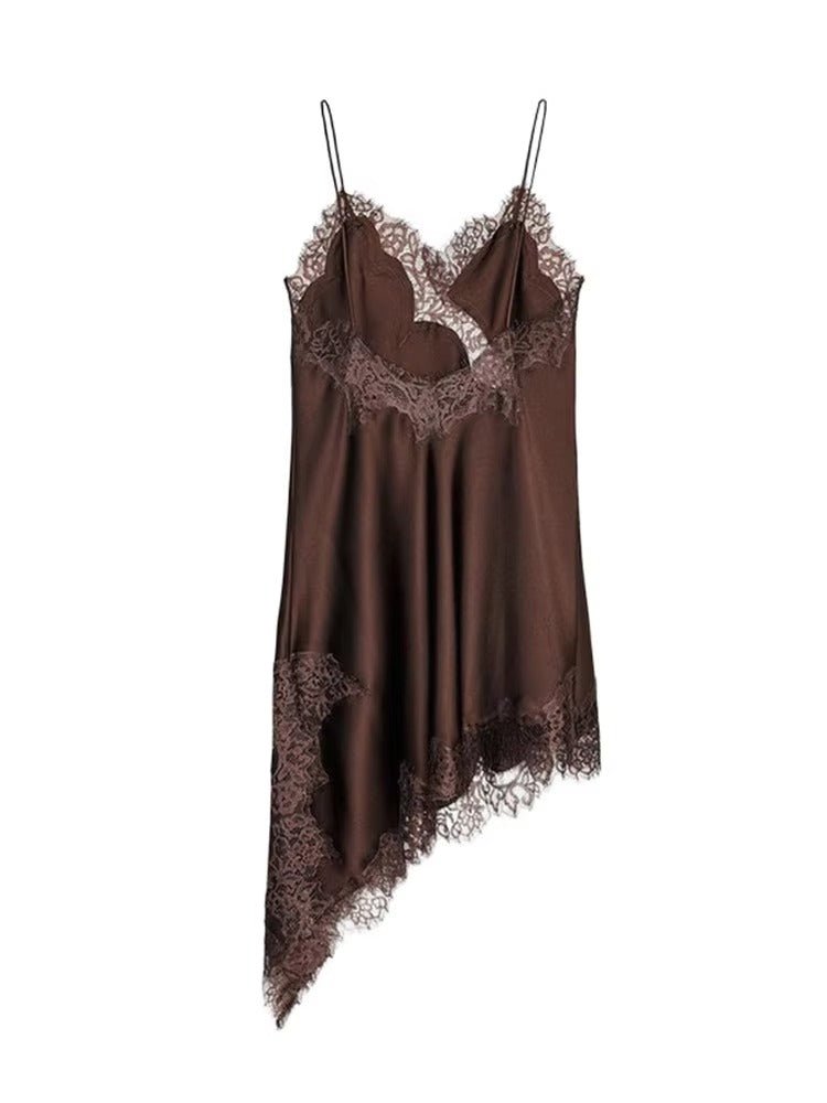 Kara Off-Shoulder Asymmetric Satin Mini Dress - Lace Patchwork Summer Party Dress - Image 2