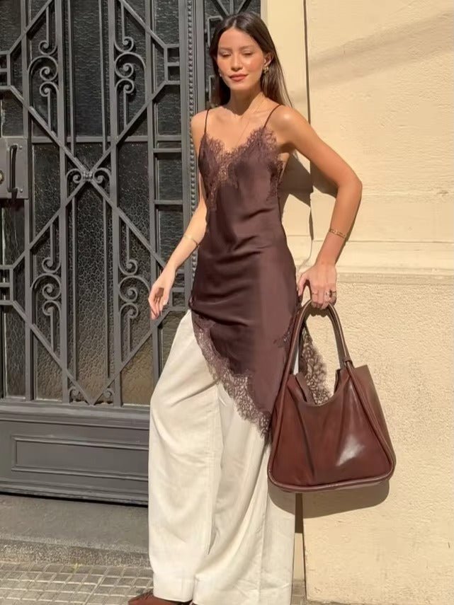 Kara Off-Shoulder Asymmetric Satin Mini Dress - Lace Patchwork Summer Party Dress - Image 3