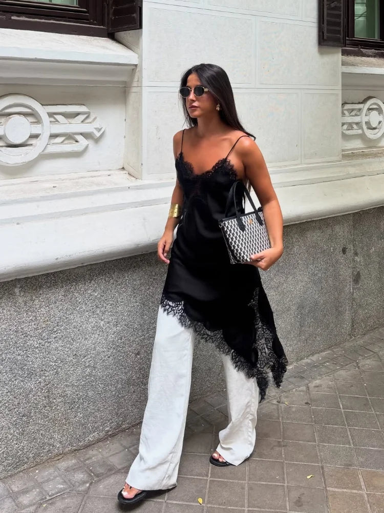 Kara Off-Shoulder Asymmetric Satin Mini Dress - Lace Patchwork Summer Party Dress - Image 18