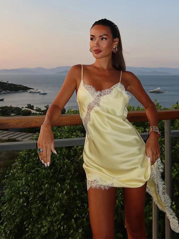 Kara Off-Shoulder Asymmetric Satin Mini Dress - Lace Patchwork Summer Party Dress - Image 19
