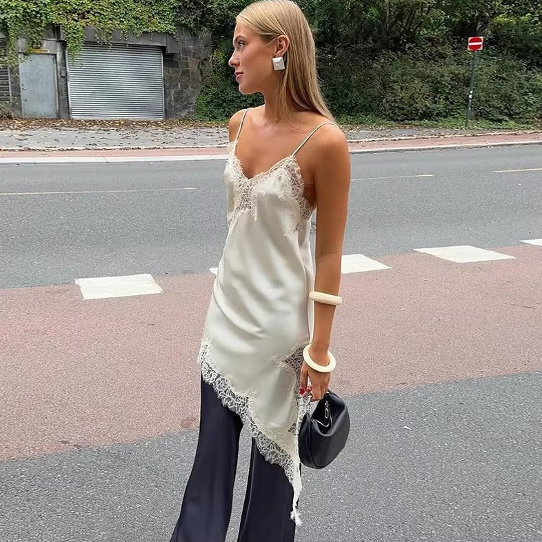 Kara Off-Shoulder Asymmetric Satin Mini Dress - Lace Patchwork Summer Party Dress - Image 8