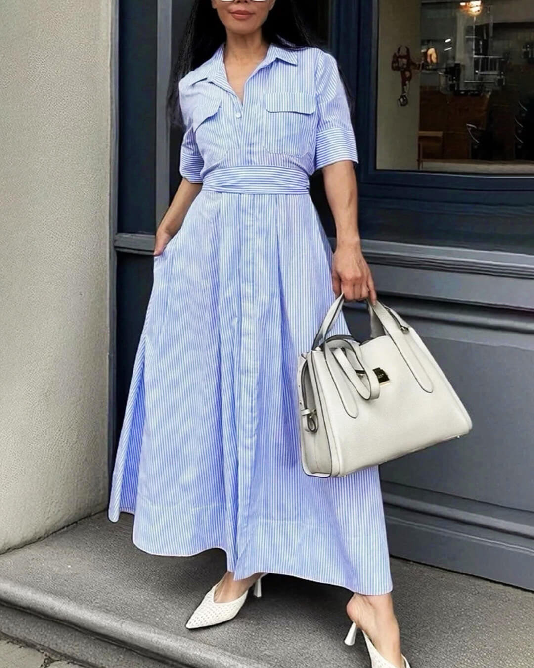 Beatrice Striped Lace-Up Collar Maxi Dress - Elegant Occasion Dress for Women