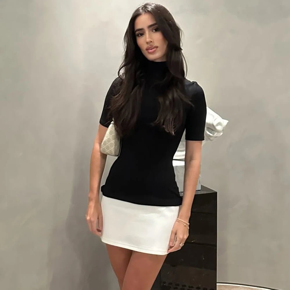 Lisbeth High Neck Color Block Mini Dress - Short Sleeve Party Dress - Image 5