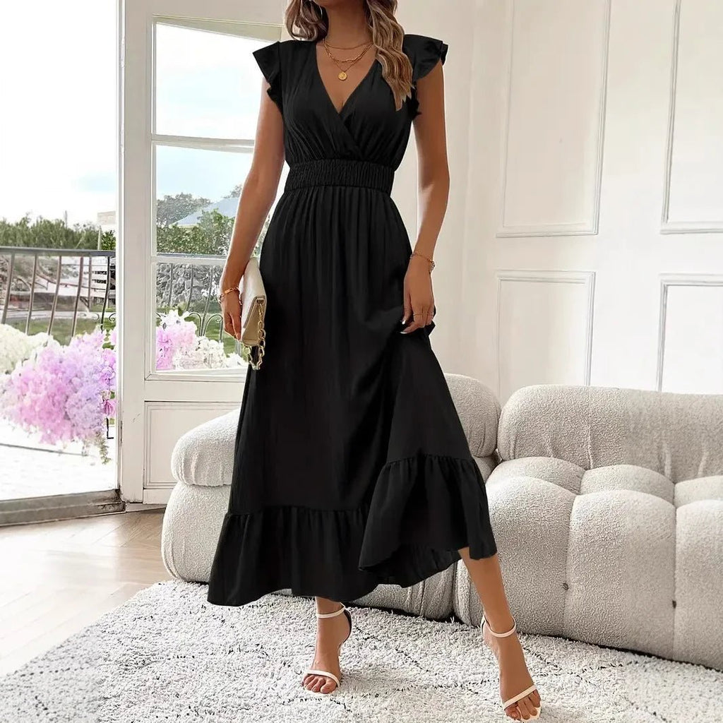 Livia Black V-Neck Ruffle Swing Dress - Elegant Occasion Dress for Women