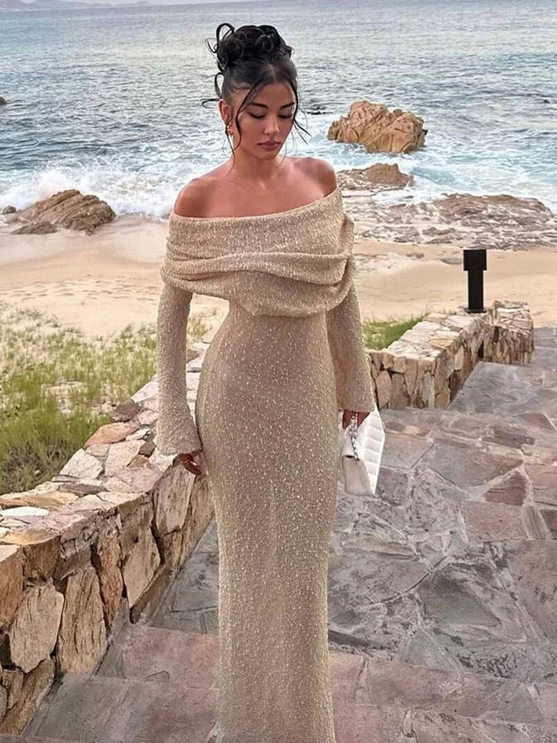 Marissa Sweater Maxi Dress - Textured Bouclé Winter Dress, Beige or Creme - Image 6