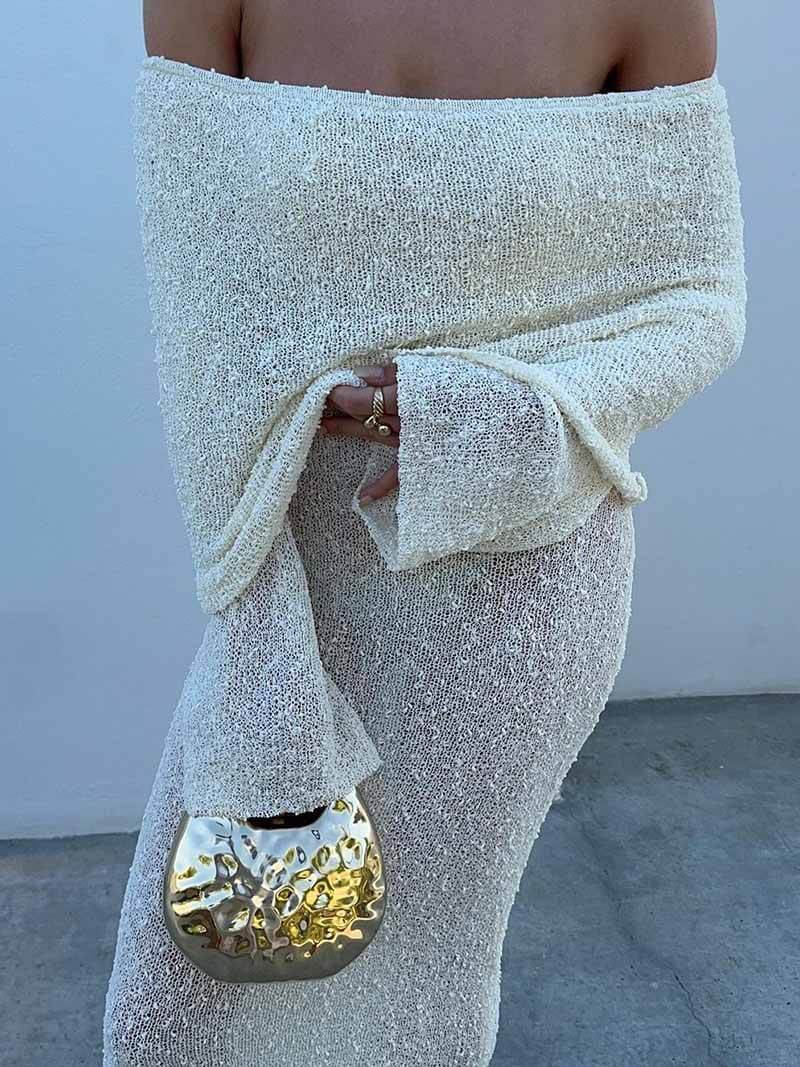 Marissa Sweater Maxi Dress - Textured Bouclé Winter Dress, Beige or Creme - Image 9