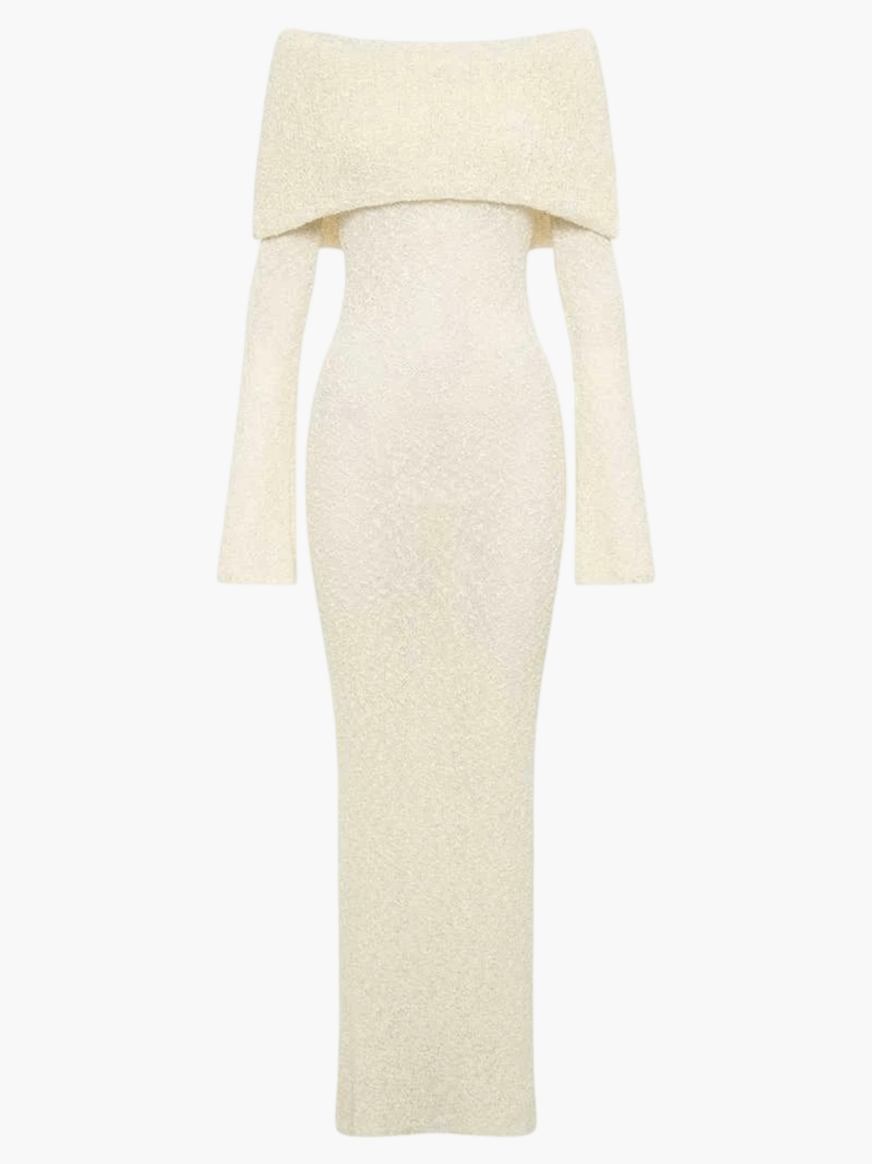 Marissa Sweater Maxi Dress - Textured Bouclé Winter Dress, Beige or Creme