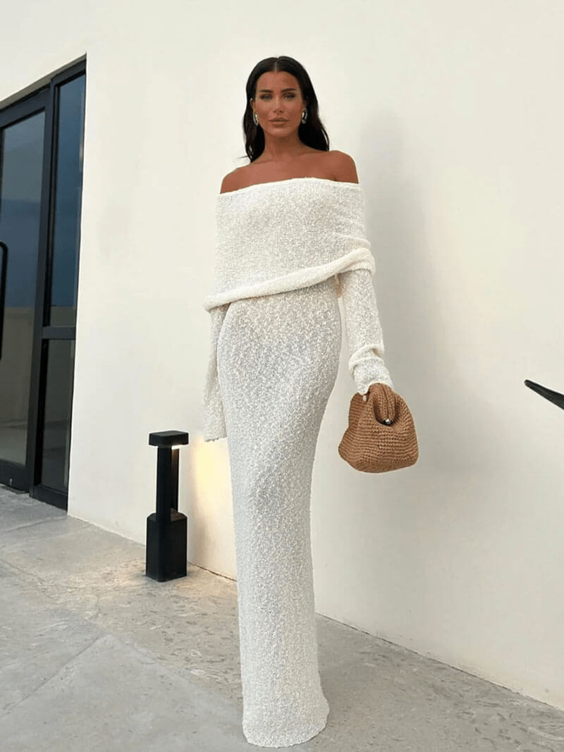 Marissa Sweater Maxi Dress - Textured Bouclé Winter Dress, Beige or Creme - Image 3