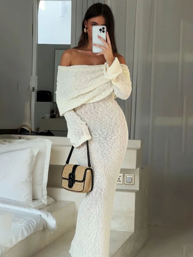 Marissa Sweater Maxi Dress - Textured Bouclé Winter Dress, Beige or Creme - Image 2