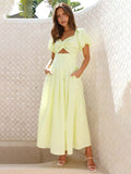 Maritoni Puff Sleeve Hollow Midi Dress - Elegant Occasion Dress for Women