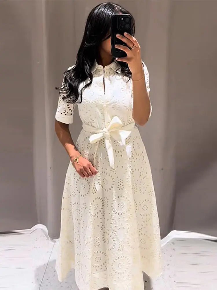Merida Embroidered Belted Midi Dress - Elegant Occasion Dress for Women