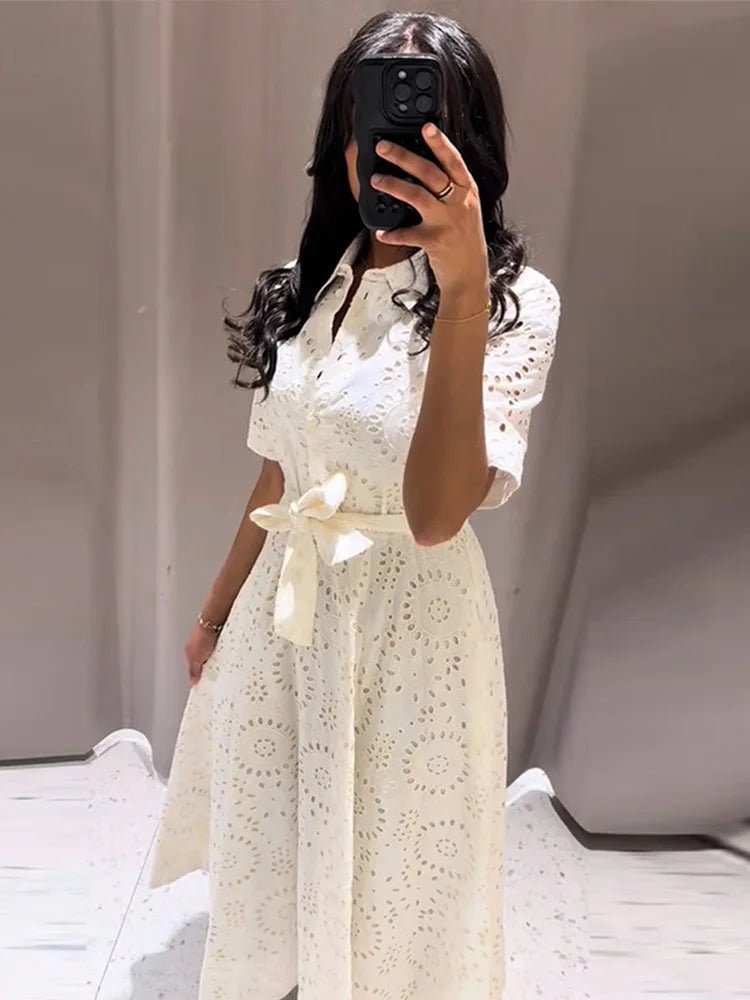 Merida Embroidered Belted Midi Dress - Elegant Occasion Dress for Women - Image 2
