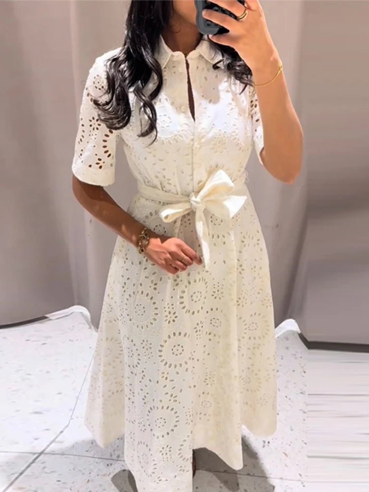 Merida Embroidered Belted Midi Dress - Elegant Occasion Dress for Women - Image 5