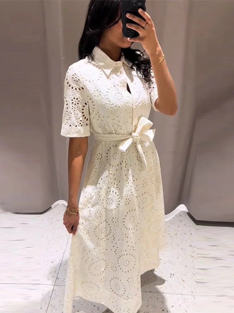 Merida Embroidered Belted Midi Dress - Elegant Occasion Dress for Women - Image 3