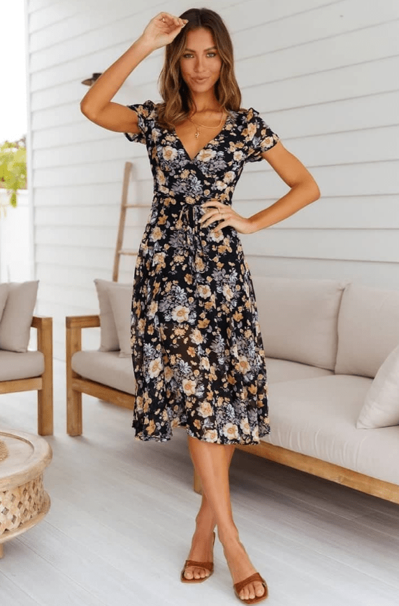 Mona V-Neck Floral Midi Dress - Elegant Occasion Dress for Women - Image 5