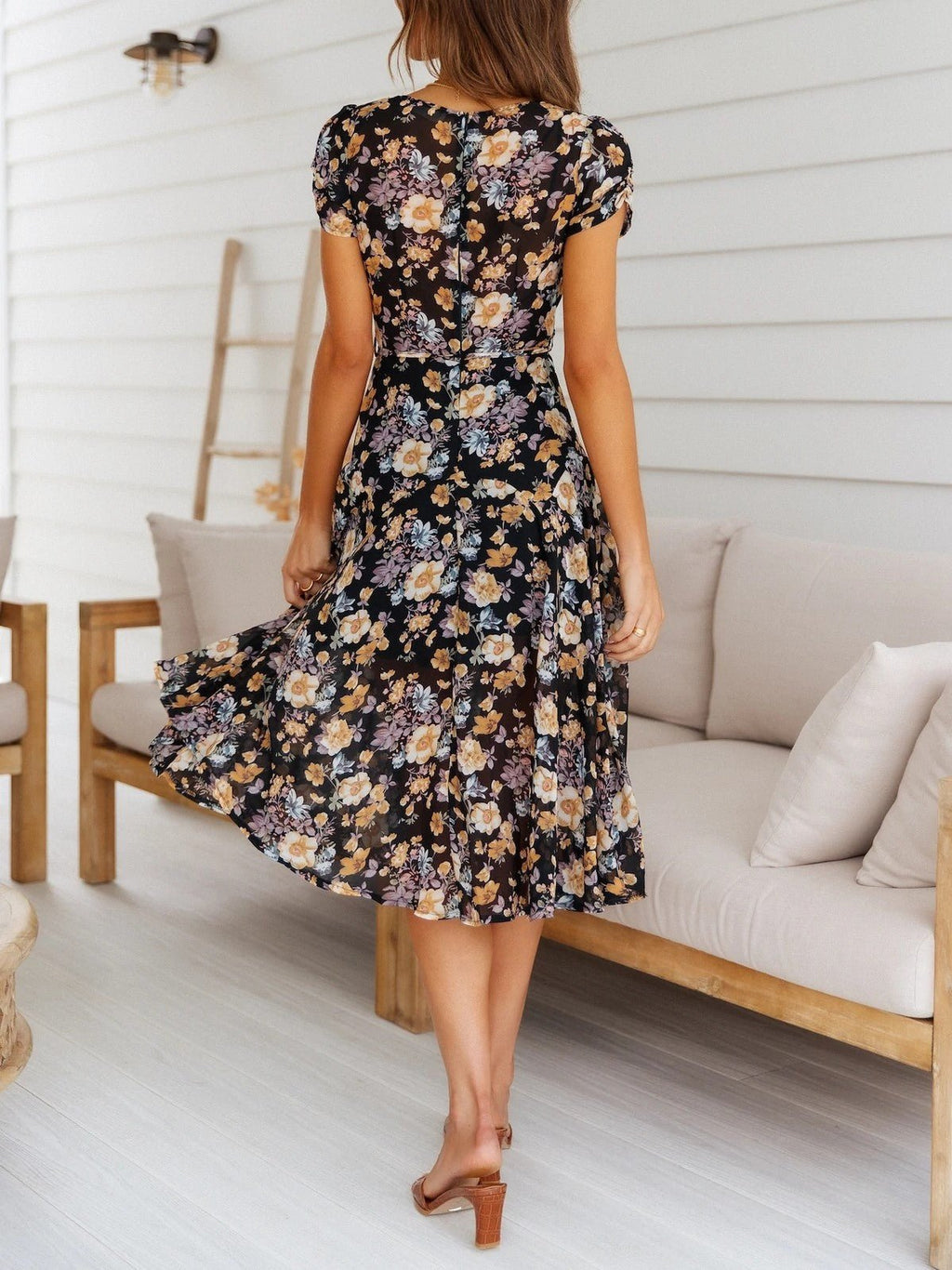 Mona V-Neck Floral Midi Dress - Elegant Occasion Dress for Women - Image 4