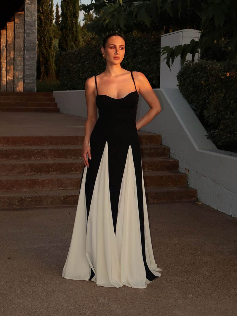 Paloma Black and White Maxi Dress - Delicate Strap Evening Dress - Image 2