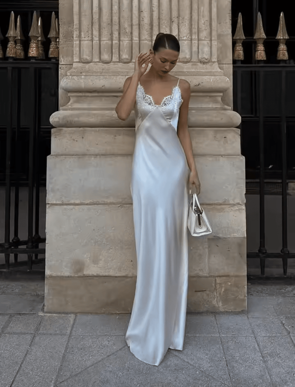 Elegant White Satin Lace V-Neck Maxi Dress for Evening Parties