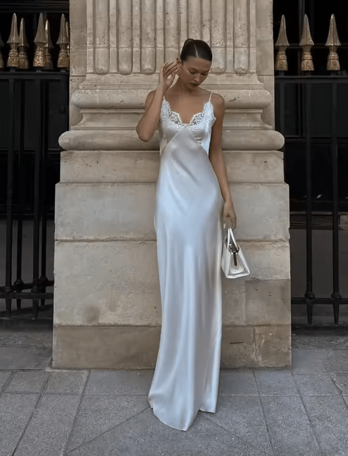 Elegant White Satin Lace V-Neck Maxi Dress for Evening Parties
