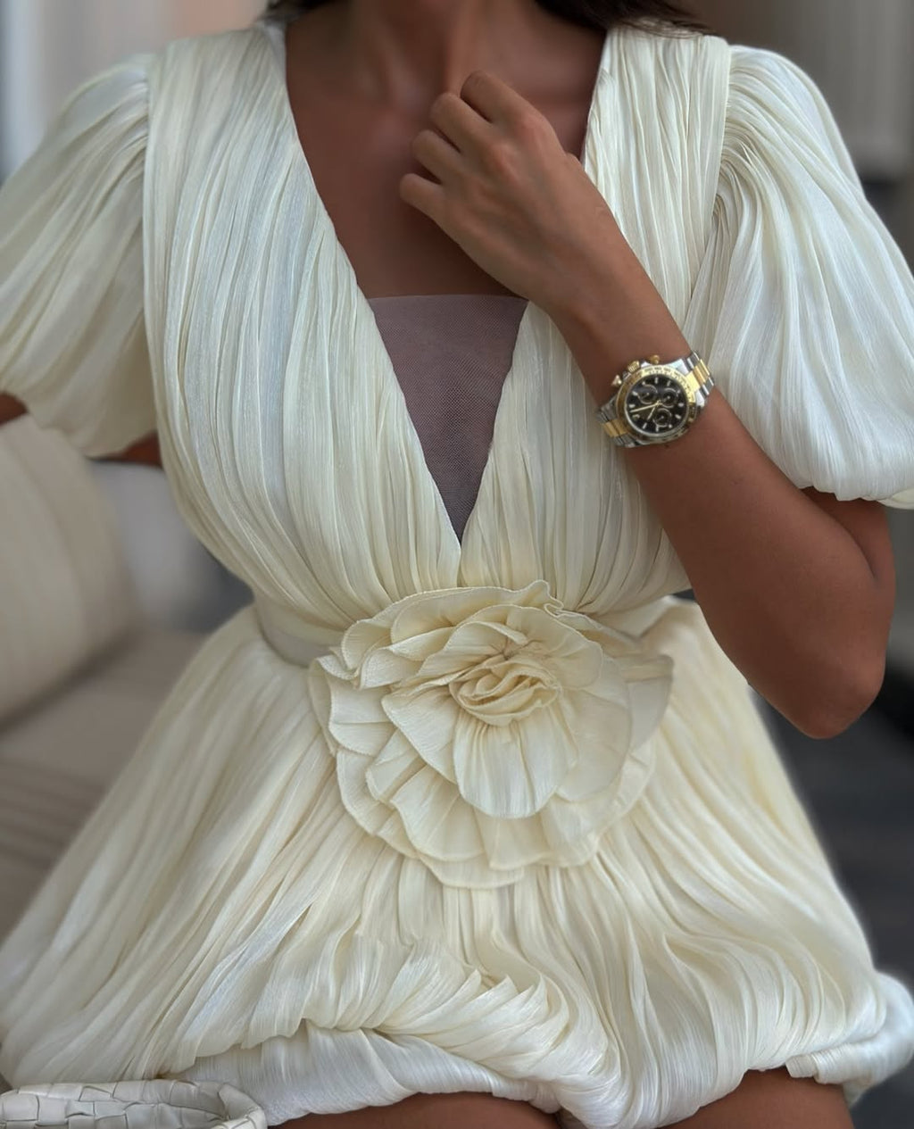 Rosette Puff Sleeve Bubble Hem Mini Dress - Elegant Occasion Dress for Women - Image 5