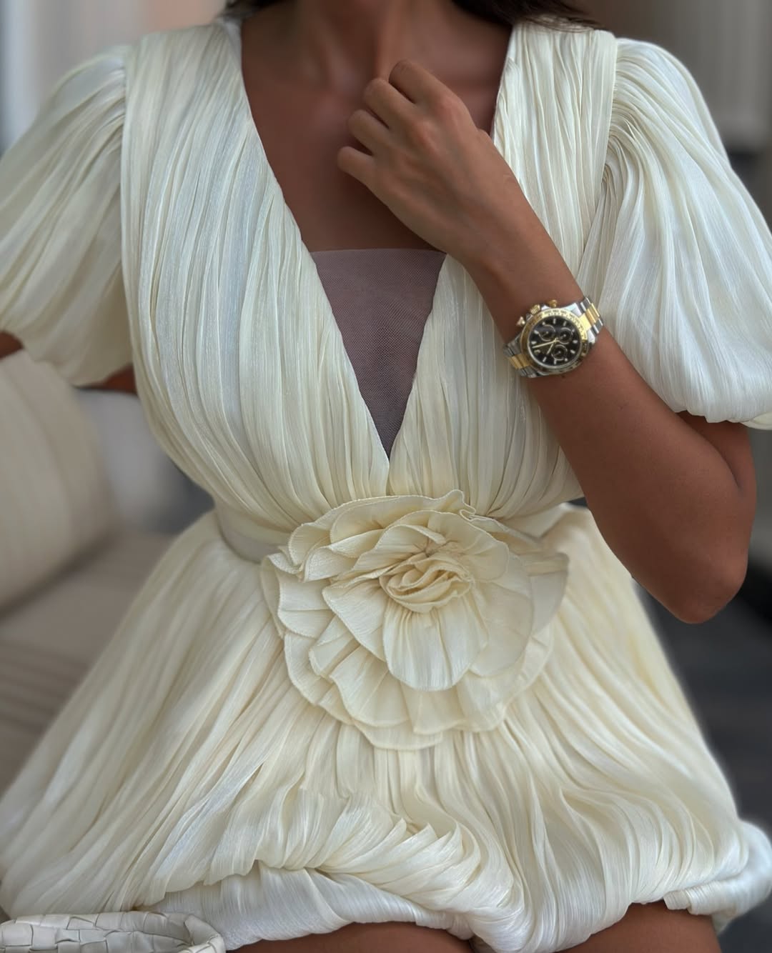 Rosette Puff Sleeve Bubble Hem Mini Dress - Elegant Occasion Dress for Women - Image 5