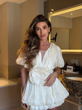Rosette Puff Sleeve Bubble Hem Mini Dress - Elegant Occasion Dress for Women