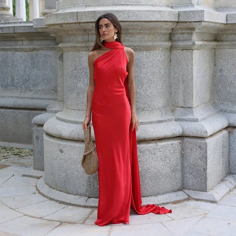 Suri Satin Halter Neck Maxi Dress - Backless Formal Cape Dress - Image 8