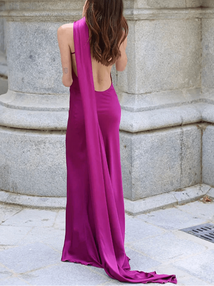 Suri Satin Halter Neck Maxi Dress - Backless Formal Cape Dress - Image 11