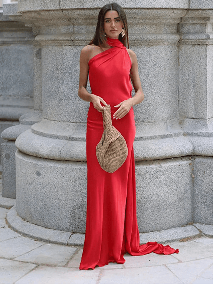 Suri Satin Halter Neck Maxi Dress - Backless Formal Cape Dress - Image 10