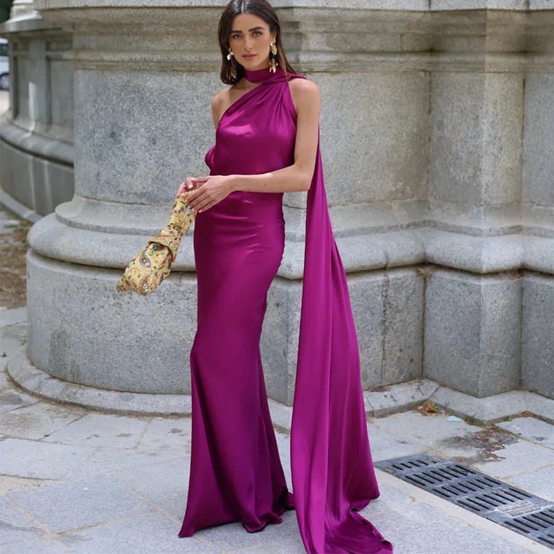 Suri Satin Halter Neck Maxi Dress - Backless Formal Cape Dress - Image 9