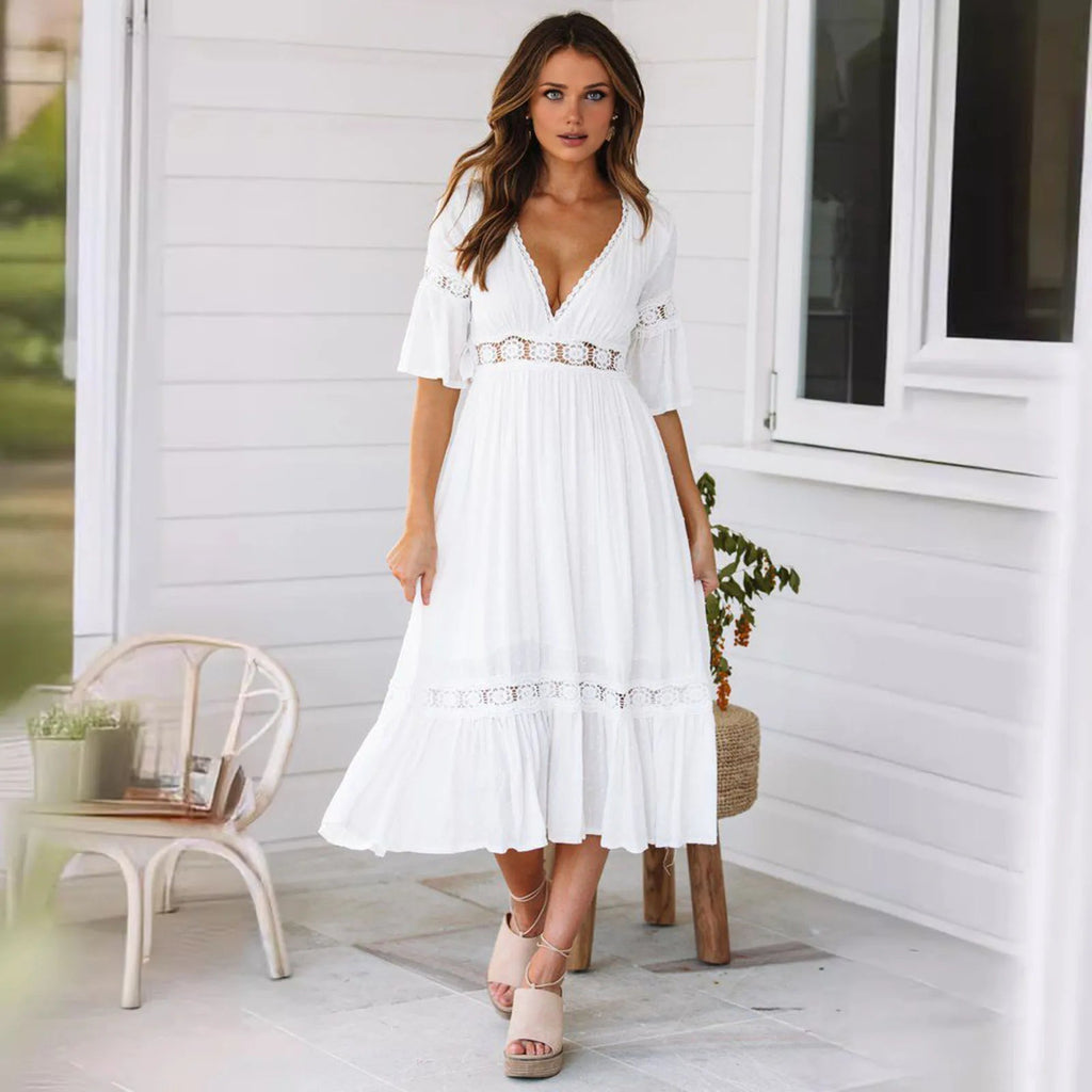 Winona Lace V-Neck Midi Dress - Elegant Occasion Dress for Women