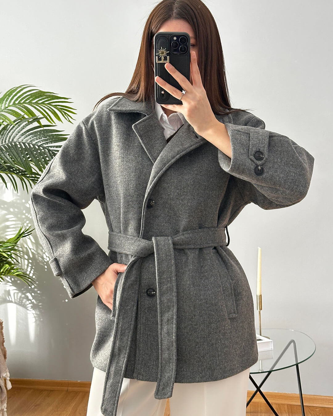 Felly Faux Wool Coat with Belt - Women's Fall and Winter Outerwear - Image 2